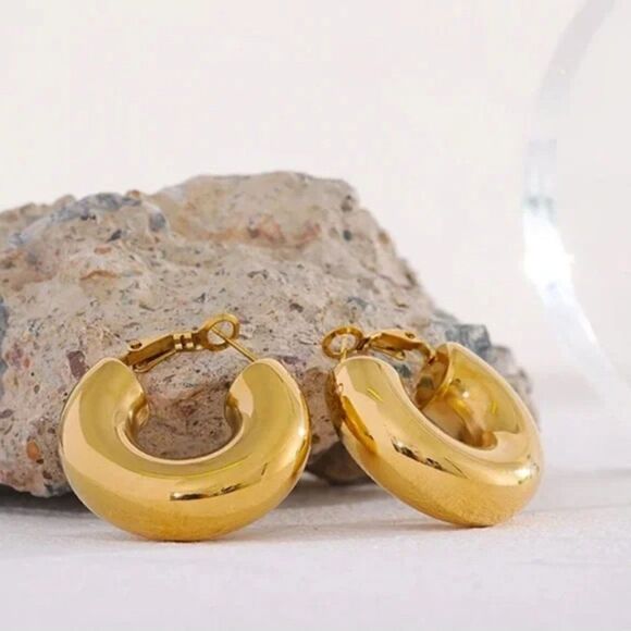 New Gold Thick Chunky Hoop Earrings - Picture 9 of 13